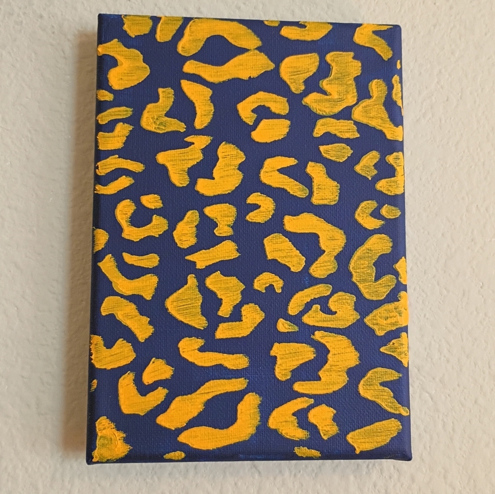 Abstract Leopard-Print Canvas Painting in Blue and Yellow